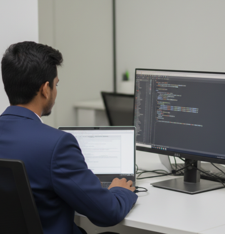 Mehedi Hasan Sadik coding a website on a dual-monitor setup in a modern office.